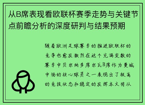 从B席表现看欧联杯赛季走势与关键节点前瞻分析的深度研判与结果预期