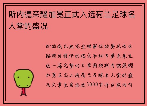 斯内德荣耀加冕正式入选荷兰足球名人堂的盛况 斯内德荣耀加冕正式入选荷兰足球名人堂的盛况